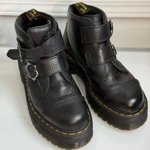 Dr Martens Devon Flower Milled Nappa Black Leather Platform Combat Boots Women 8
